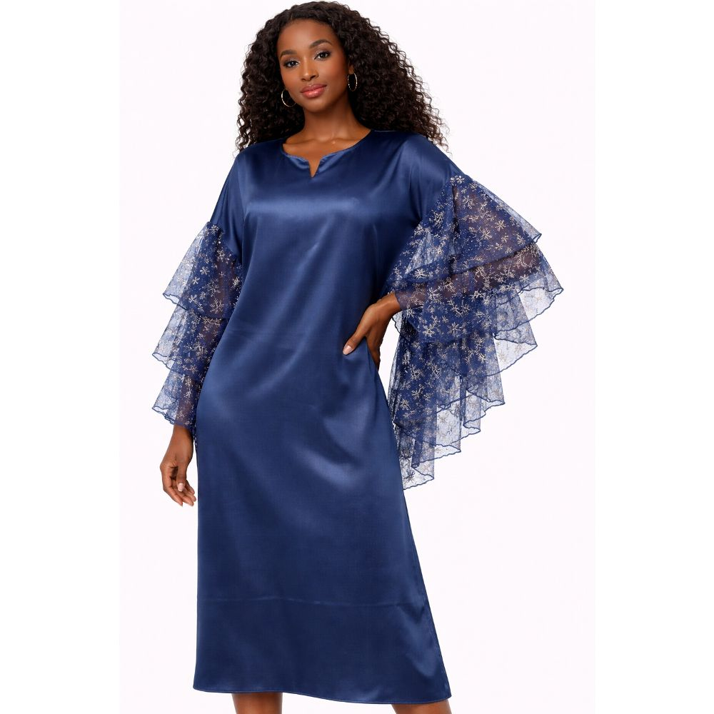 Women Navy Blue Satin Dress with Layered Sheer Lace Sleeves
